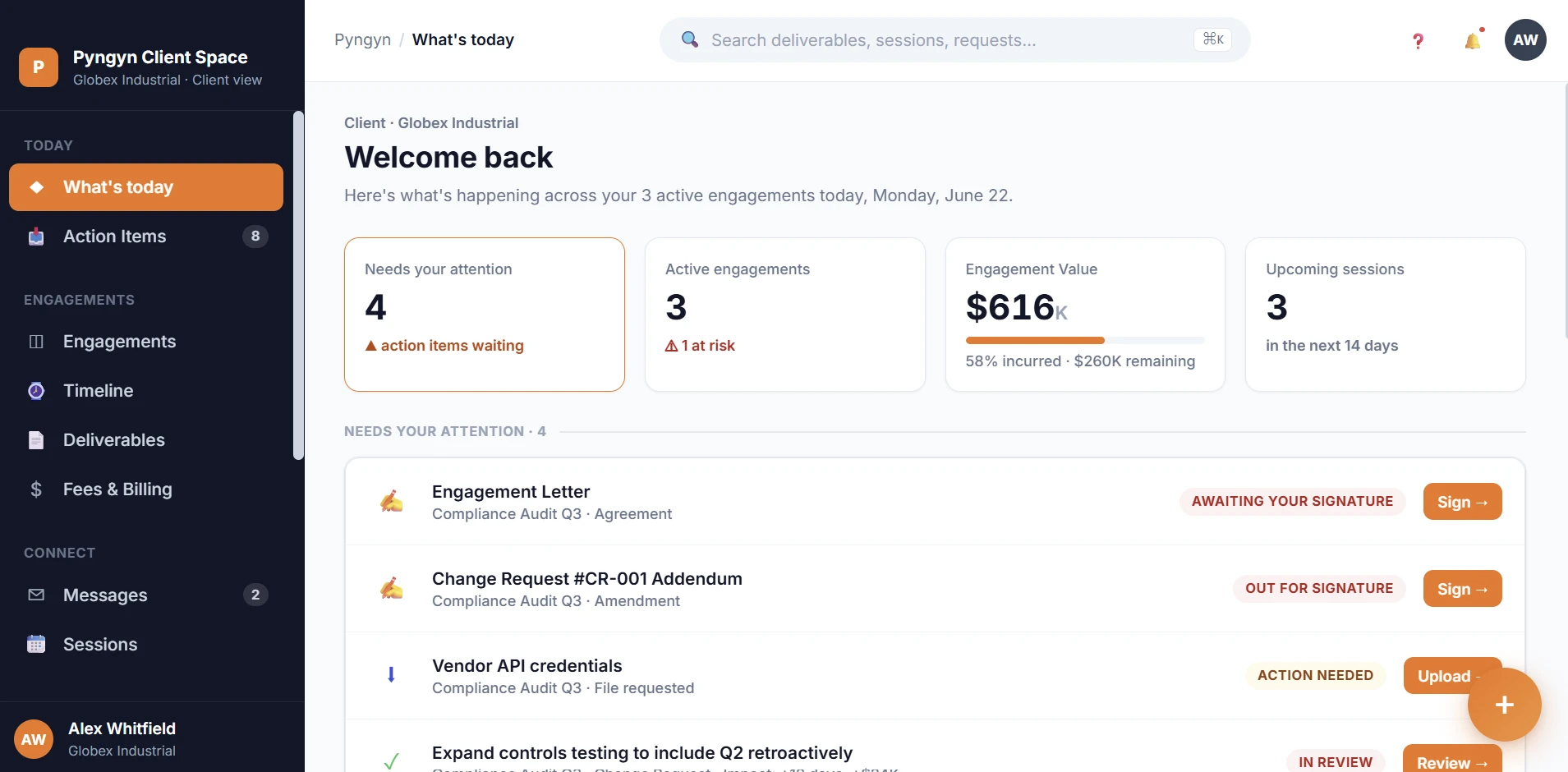 Client Space portal showing needs-your-attention items, active engagements, engagement value, and upcoming sessions for a client logging in