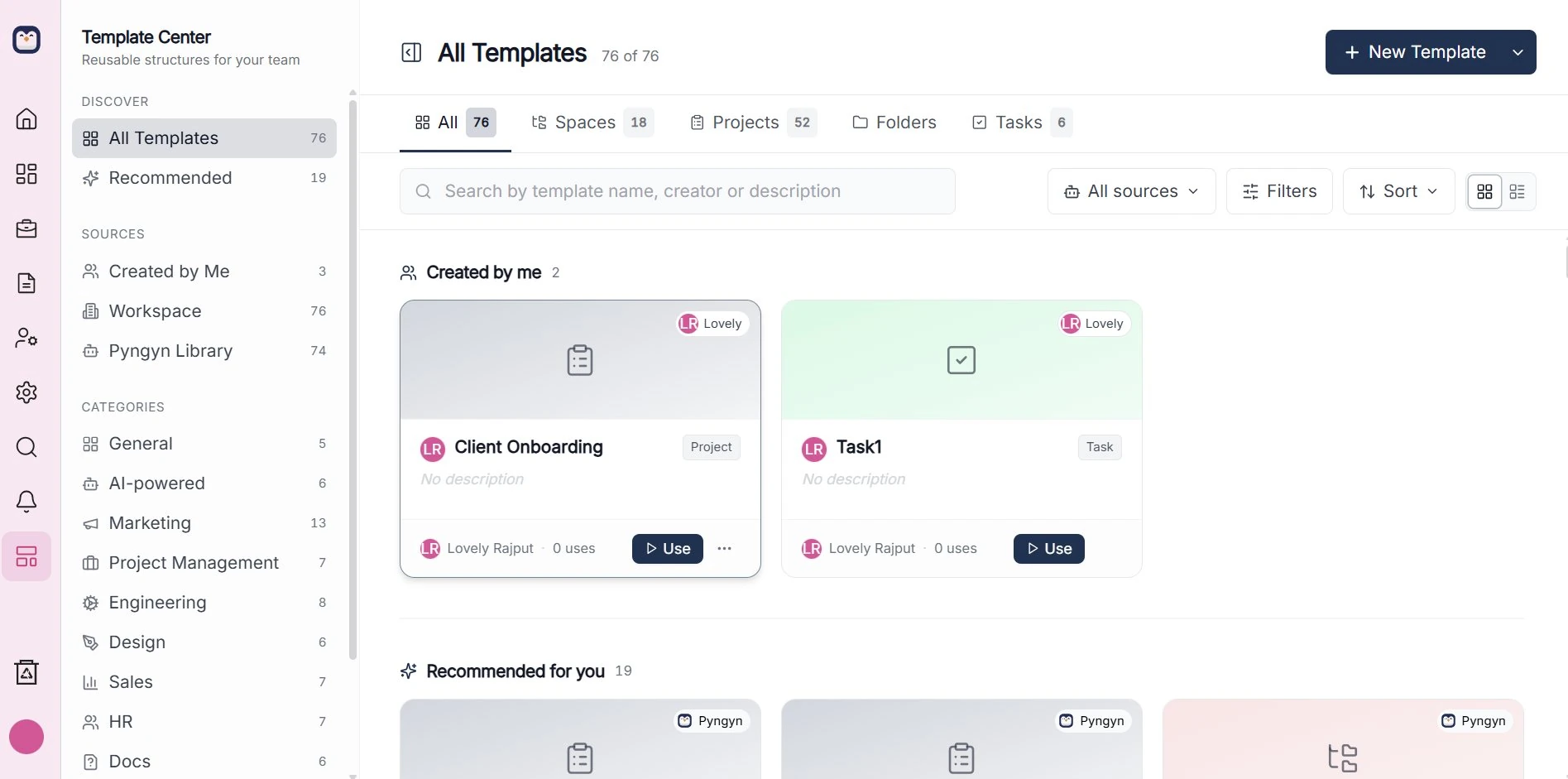 PYNGYN Template Center showing reusable project, space, folder, and task templates by category