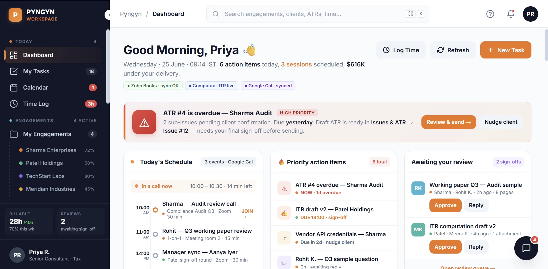 Workspace dashboard showing today's schedule, priority action items, engagements awaiting review, and billable hours for a consultant